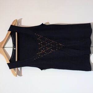 Anne Klein Navy Silk, Smocked Sequin Beaded Sleeveless Top with Bronze Accents S